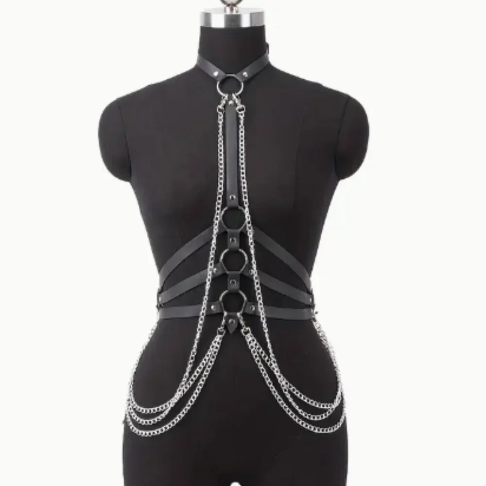 PU Leather Draped Layered Chain Choker Harness